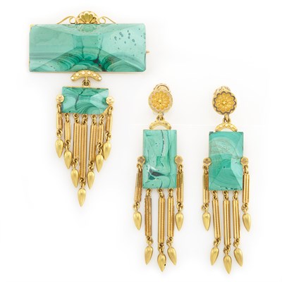 Lot 1110 - Pair of Gold and Malachite Fringe Earclips and Pendant-Brooch