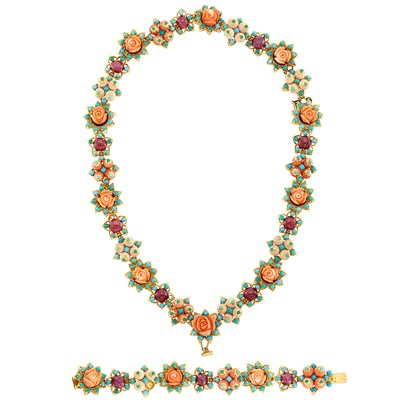 Lot 350 - Gold, Carved Coral, Coral and Angel Skin Coral Bead, Cabochon Ruby and Turquoise Flower Necklace and Bracelet