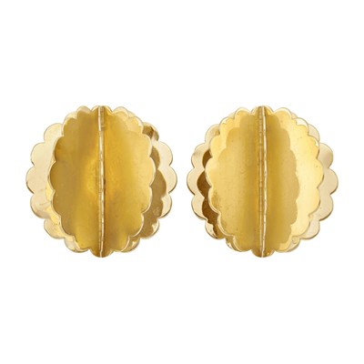 Lot 651 - Pair of Gold Scalloped Fan Earclips, Cartier