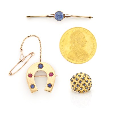 Lot 1464 - Gold and Gem-Set Horseshoe Brooch, Low Karat Gold and Sapphire Bar Brooch, Gold and Sapphire Dome Ring, France, and Gold Coin