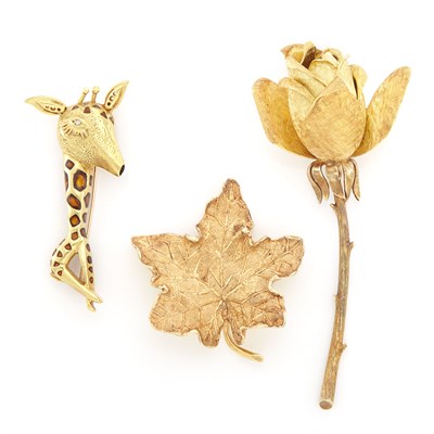 Lot 1722 - Gold Rose Brooch, Gold and Enamel Giraffe Brooch and Gold Leaf Brooch