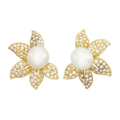 Lot 583 - Pair of Gold, South Sea Cultured Pearl and Diamond Flower Earclips, Trio
