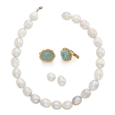 Lot 1581 - Pair of Gold and Jade Cufflinks and Baroque Cultured Pearl Strand