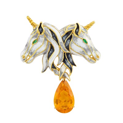 Lot 641 - Gold, Black and White Enamel and Citrine Double Unicorn Clip-Brooch, Aldo Cipullo