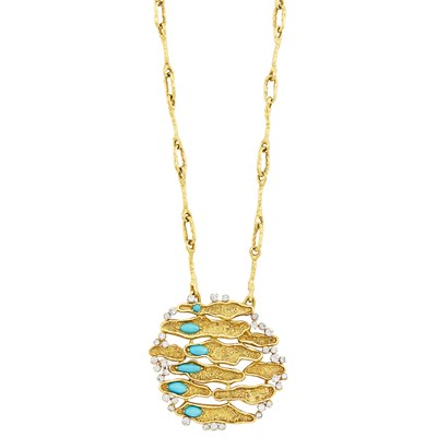 Lot 656 - Gold, Turquoise and Diamond Pendant-Necklace