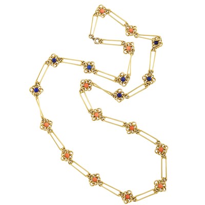 Lot 622 - Long Gold, Coral and Lapis Reversible Necklace, France
