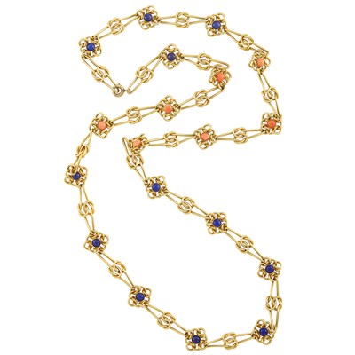 Lot 623 - Long Gold, Coral and Lapis Reversible Necklace, France