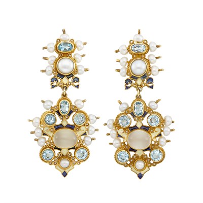Lot 509 - Pair of Silver-Gilt, Moonstone, Aquamarine, Enamel and Freshwater Pearl Pendant-Earrings, Percossi Papi