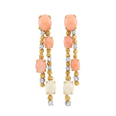 Lot 228 - Pair of Gold, Coral and Diamond Pendant-Earrings, Gilbert Albert