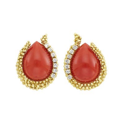 Lot 61 - Pair of Gold, Coral and Diamond Earrings