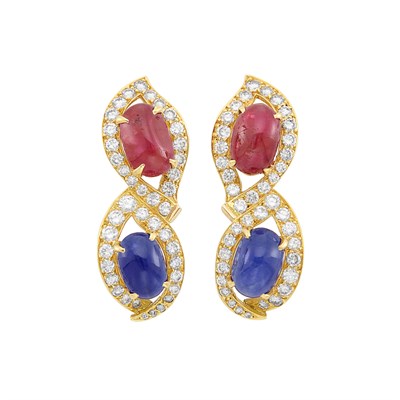 Lot 45 - Pair of Gold, Cabochon Sapphire, Ruby and Diamond Earclips