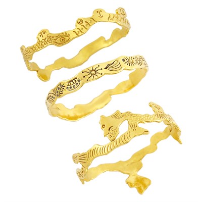 Lot 669 - Three High Karat Gold 'Charming Monster' Bangle Bracelets, Jean Mahie
