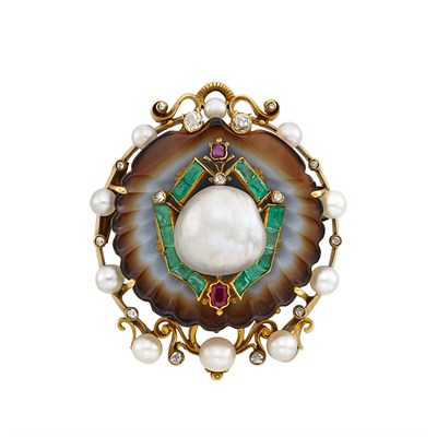 Lot 100 - Antique Gold, Carved Agate, Baroque Pearl, Ruby, Emerald and Diamond Brooch