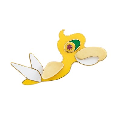 Lot 36 - Gold, Multicolored Enamel and Cabochon Ruby Toucan Clip, Attributed to Illario