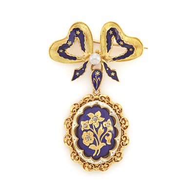 Lot 1337 - Gold, Blue and White Enamel, Cultured Pearl and Diamond Pendant-Brooch Locket