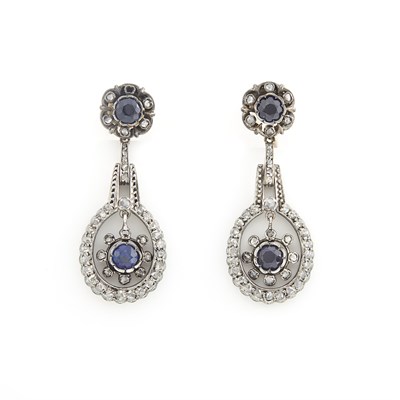 Lot 1334 - Pair of Antique Silver, Gold, Sapphire and Diamond Pendant-Earclips