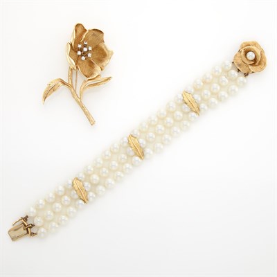 Lot 1257 - Triple Strand Cultured Pearl and Gold Bracelet and Gold and Diamond Flower Brooch