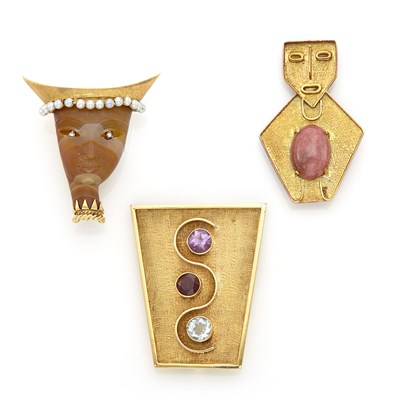Lot 1829 - Two Gold, Colored Stone, Hardstone, Carved Agate, Cultured Pearl and Diamond Pendant-Brooches and Brooch