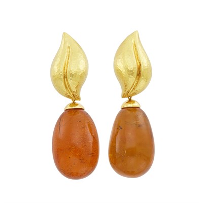 Lot 638 - Pair of Hammered Gold and Amber Pendant-Earrings, Tiffany & Co., Paloma Picasso