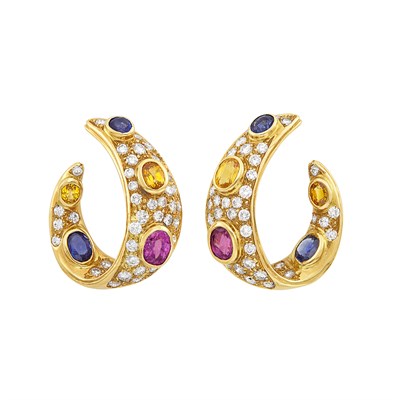 Lot 675 - Pair of Gold, Multicolored Sapphire and Diamond Hoop Earrings