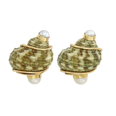 Lot 575 - Pair of Gold, Green Shell and Cultured Pearl Earclips, Seaman Schepps