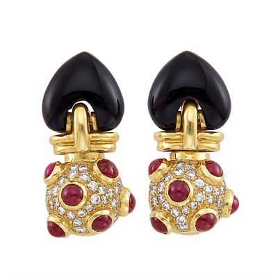 Lot 481 - Pair of Gold, Black Onyx, Cabochon Ruby and Diamond Pendant-Earclips