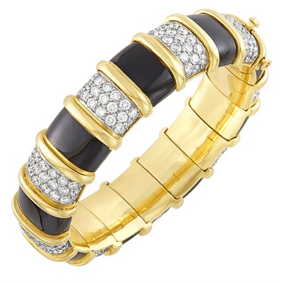 Lot 662 - Gold, Platinum, Diamond and Black Paillonné Enamel Bangle Bracelet, Tiffany & Co., Schlumberger