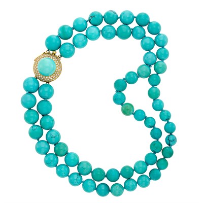 Lot 68 - Double Strand Turquoise Bead Necklace with Gold-Plated White Gold, Turquoise and Diamond Clasp
