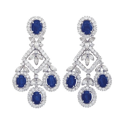Lot 694 - Pair of White Gold, Sapphire and Diamond Pendant-Earrings