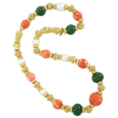 Lot 643 - Gold, Coral and Nephrite Bead and South Sea Cultured Pearl Necklace/Bracelet Combination, David Webb