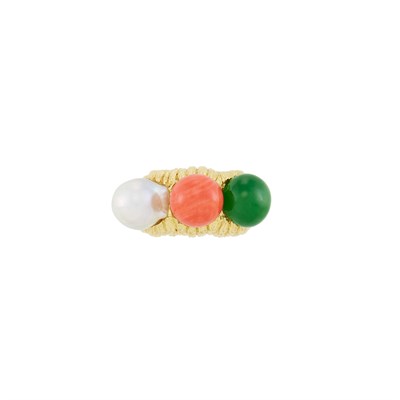 Lot 642 - Gold, Nephrite, Coral and Cultured Pearl Ring, David Webb