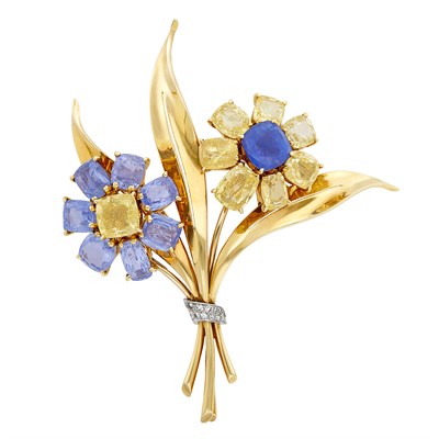 Lot 686 - Gold, Platinum, Sapphire, Yellow Sapphire and Diamond Bouquet Clip-Brooch, Trabert & Hoeffer, Mauboussin