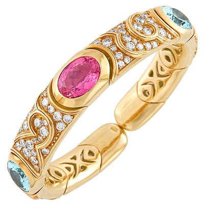 Lot 677 - Gold, Pink Tourmaline, Aquamarine and Diamond Bracelet, Marina B, France