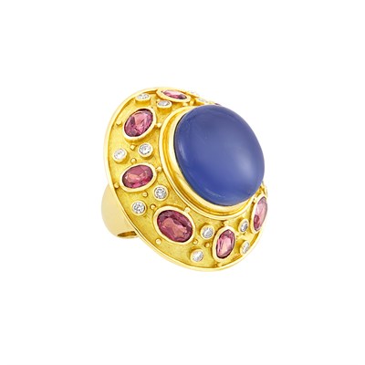 Lot 27 - Gold, Star Sapphire, Garnet and Diamond Ring, Elizabeth Gage