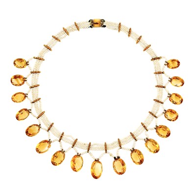 Lot 87 - Triple Strand Seed Pearl, Gold and Citrine Fringe Necklace