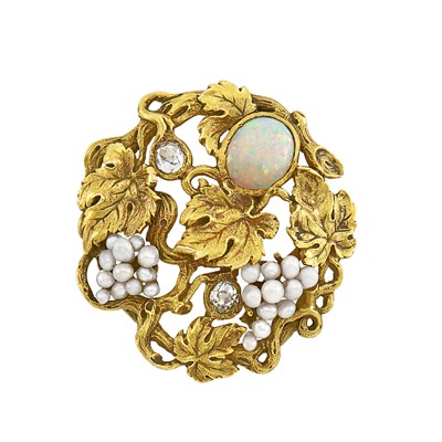 Lot 81 - Arts and Crafts Gold, Opal, Seed Pearl and Diamond Grapevine Brooch, F.W. Lawrence