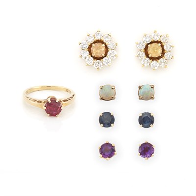 Lot 1702 - Pair of Gold and Diamond Earring Jackets with Interchangeable Colored Stone Studs and Gold and Synthetic Ruby Ring