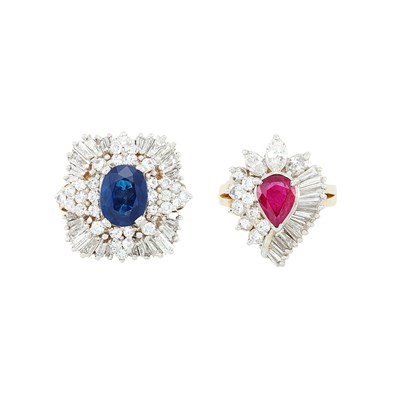 Lot 2040 - Two Two-Color Gold, Ruby, Sapphire and Diamond Rings