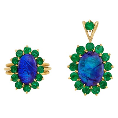 Lot 209 - Gold, Black Opal and Emerald Ring and Pendant