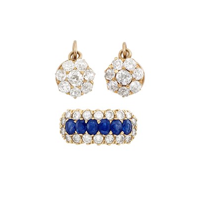 Lot 82 - Pair of Antique Gold and Diamond Earrings and Sapphire and Diamond Ring