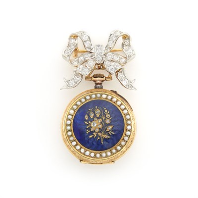 Lot 2012 - Antique Platinum, Gold, Diamond, Enamel, and Split Pearl Lapel-Watch