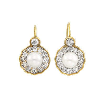Lot 496 - Pair of Two-Color Gold, Cultured Pearl and Diamond Earrings