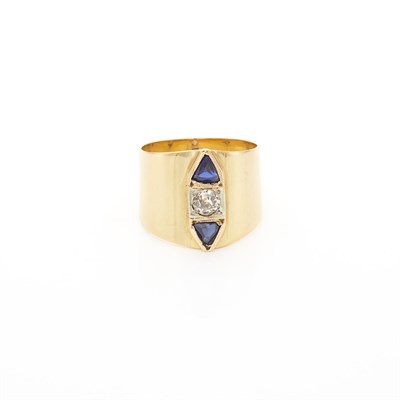 Lot 1695 - Wide Gold, Diamond and Sapphire Ring