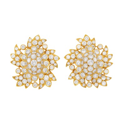 Lot 429 - Pair of Gold and Diamond Flower Earclips, David Webb