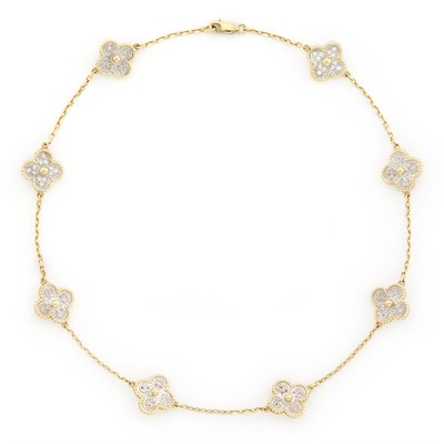 Lot 1125 - Two-Color Gold and Diamond Clover Link Chain Necklace
