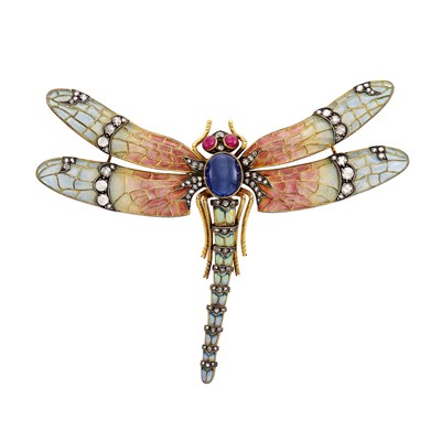 Lot 180 - Gold, Silver, Plique-à-Jour Enamel, Cabochon Sapphire and Ruby and Diamond Dragonfly Brooch