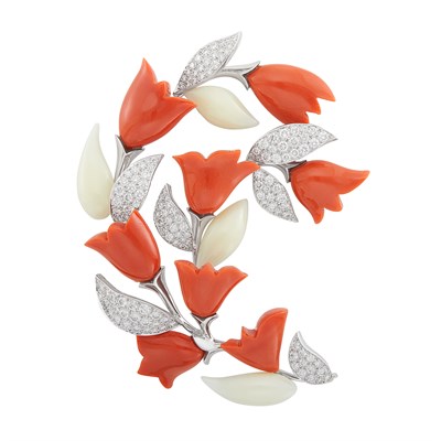 Lot 161 - White Gold, Coral, White Coral and Diamond 'Cardamine' Clip-Brooch, Van Cleef & Arpels, France
