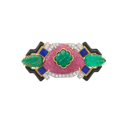 Lot 53 - Gold, Platinum, Carved Ruby, Emerald, Lapis, Black Enamel and Diamond Brooch, David Webb