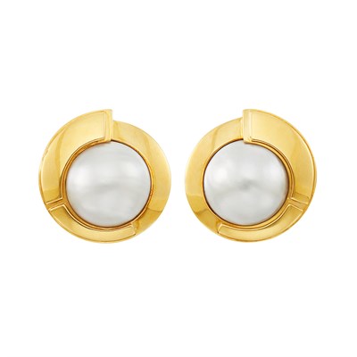 Lot 345 - Pair of Gold and Mabé Pearl Earclips, David Webb