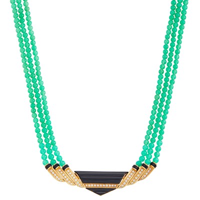 Lot 380 - Triple Strand Green Chrysoprase Bead, Carved Black Onyx and Diamond Necklace, Van Cleef & Arpels, France